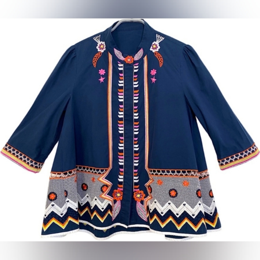 Prada Embroidered Peasant Blouse Floral Crochet 100% Cotton Navy Blue Colorful S